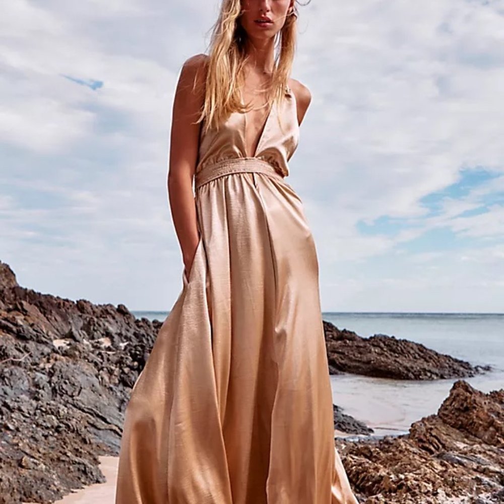 Free People Look Into the Sun Maxi Dress Gold XS NWT